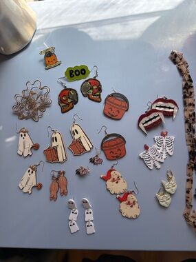 Assorted Halloween and Christmas Themed jewelry- Pumpkin, Ghosts, Skulls.